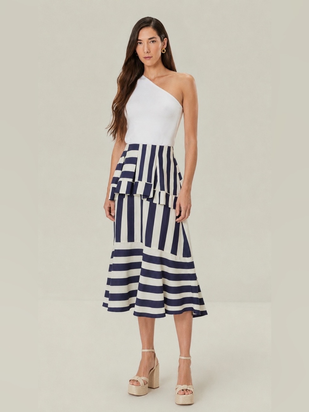 Farm Rio New Striped Navy and White Tiered Midi Skirt